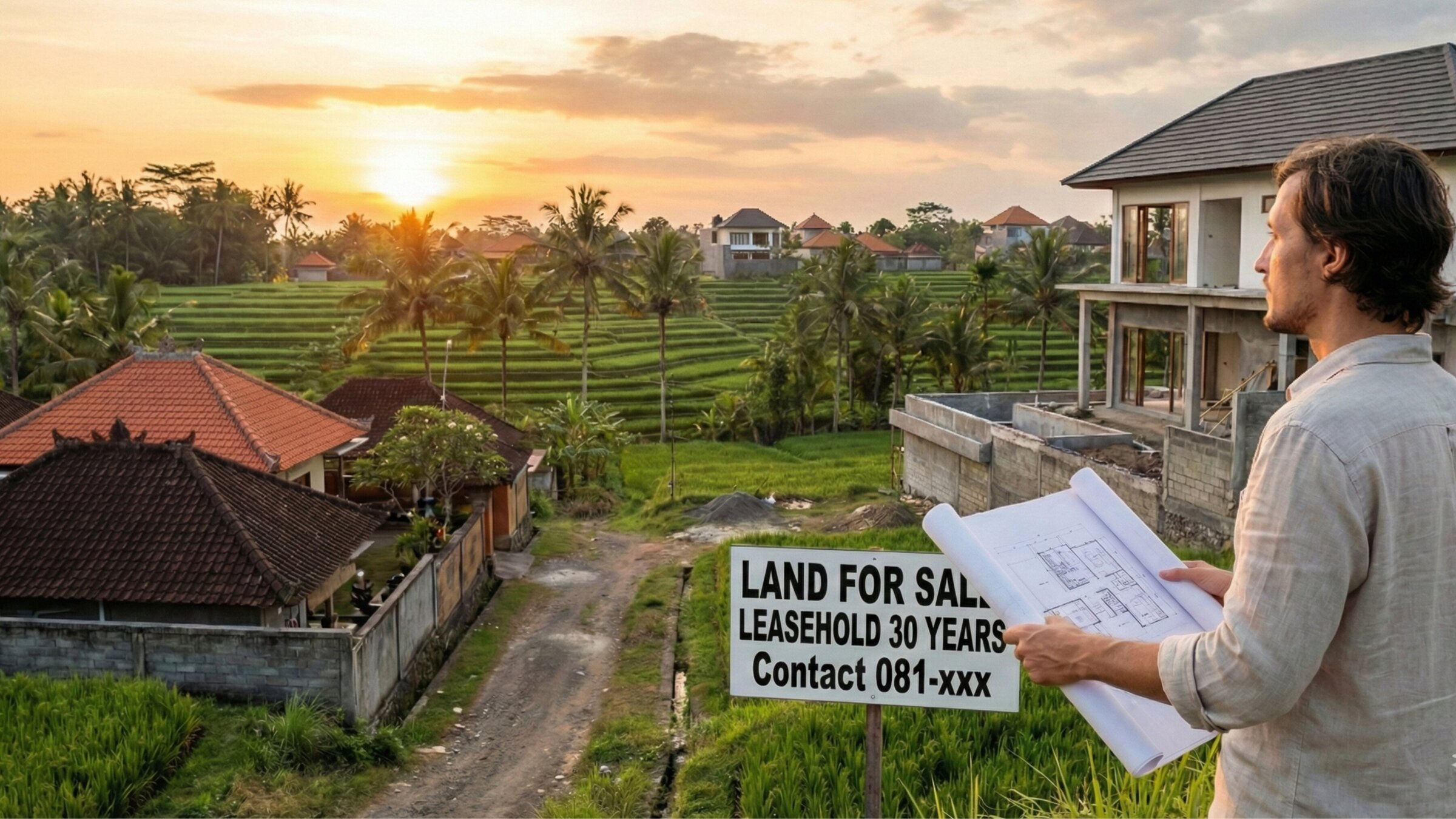 A man with blueprints stands next to a sign that says "LAND FOR SALE LEASEHOLD 30 YEARS Contact 081-xxx" in a Bali rice field at sunset.