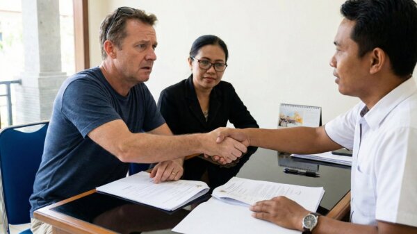 Here is the updated Alt Text with the focus keyword included. A foreign man shakes hands with an Indonesian man over legal documents to avoid mistakes buying property in Bali.